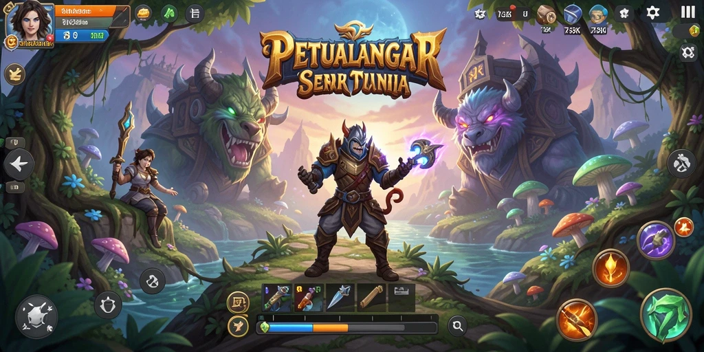 Tangkapan layar gameplay 73K menampilkan petualangan di dunia yang penuh warna.