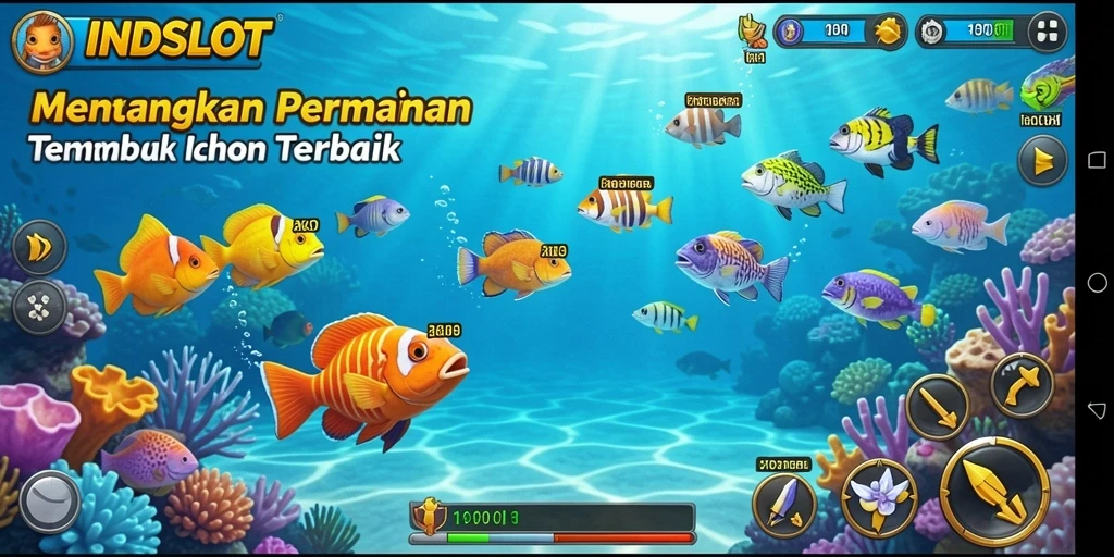 Screenshot INDSLOT menampilkan aksi seru menembak ikan di laut.