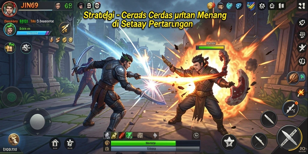 Screenshot gameplay JIN69 menunjukkan pertempuran taktis yang seru dan mendebarkan.