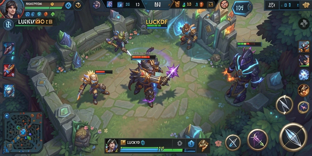 Screenshot utama gameplay MOBA LUCKYDF menunjukkan aksi seru di medan perang.