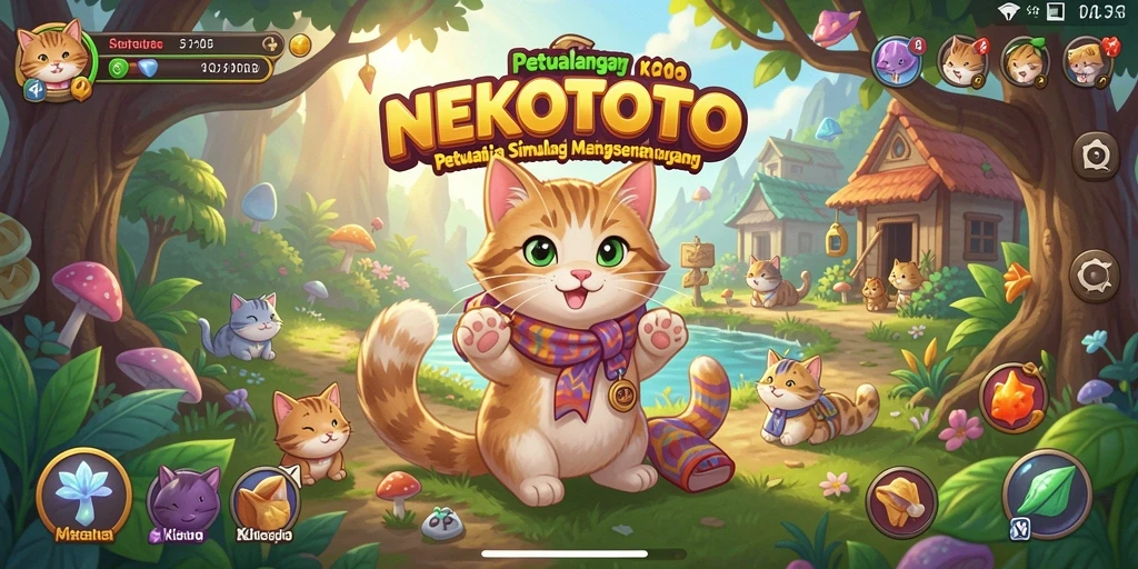 Tangkapan layar utama <strong>NEKOTOTO</strong> menampilkan kucing lucu yang sedang bermain.