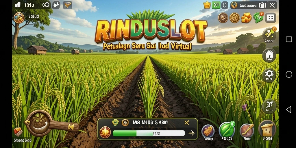 Gameplay seru RINDUSLOT dengan ladang yang subur dan berbagai tanaman.